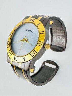 Two-Tone Gold & Dark Gray Brushed Finish Bracelet Bangle Cuff Women’s Watch